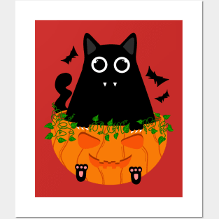 Cute Spooky Black Cat with Fangs Sits in Halloween Pumpkin Posters and Art